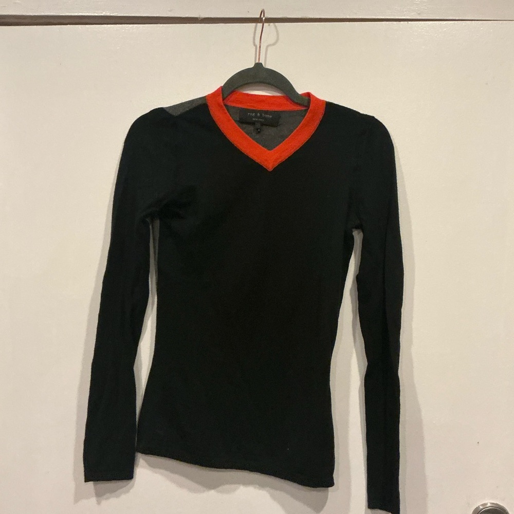 rag & bone Black V-Neck Sweater with Red Trim
